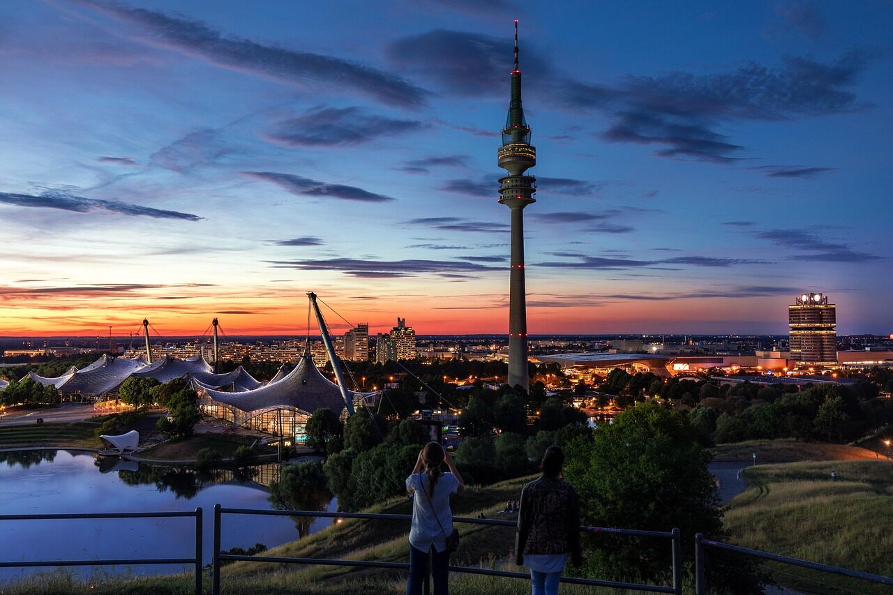 munich, nature, olympic stadium, tv tower, sunset, city, olympic park, stadium, tower, football stadium, people, tourists, perspective, view, germany, lights, dusk